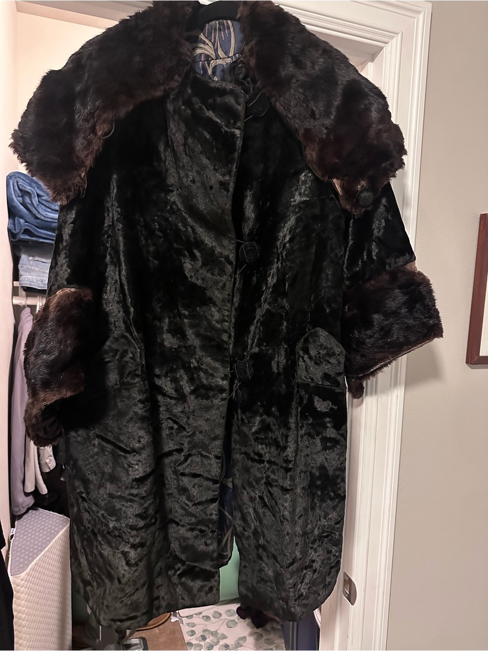 Black Antique Velvet Coat with Real Fur Trim